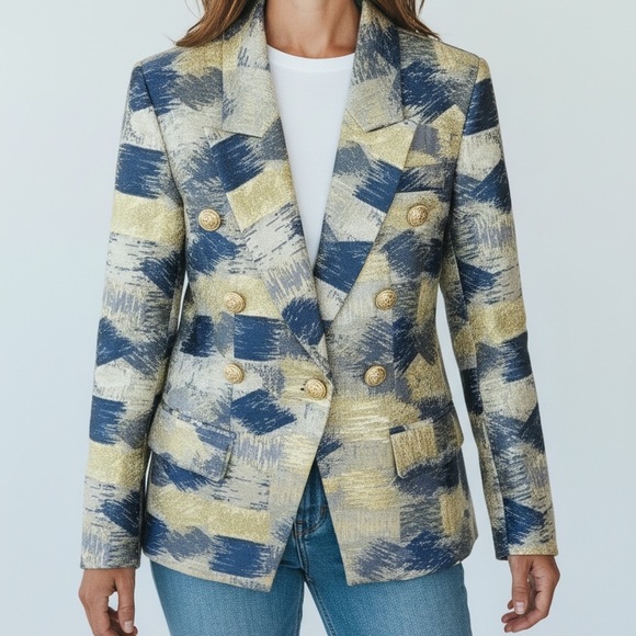 Blue Metallic Patchwork Jacket The Olmey - Picture 2 of 11